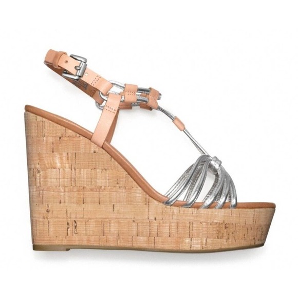 Coach GEORGIANA Cork Wedge Platform Sandal Pump Heel Shoe Silver/Tan 9/9.5/10 - Picture 2 of 3